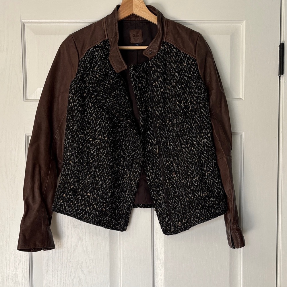 Vintage GAP Brown Leather & Black Tweed Panel Jacket